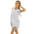 thumbnail image 2 of iEFiEL Robe Mini à Sequins Brillants à Franges pour Femmes en Faux Cuir Col en V Sans Manches Tenue de Danse Samba Argent TTG, 2 of 6