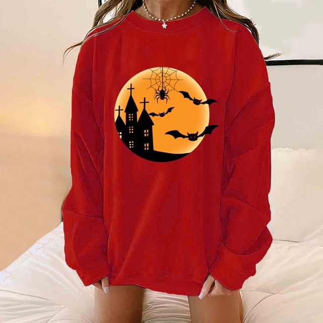 50 % de Rabais Liquidation Chandail Surdimensionné pour Femmes 2023 Classique Imprimé d'Halloween Col Rond Manches Longues Chandail Ample