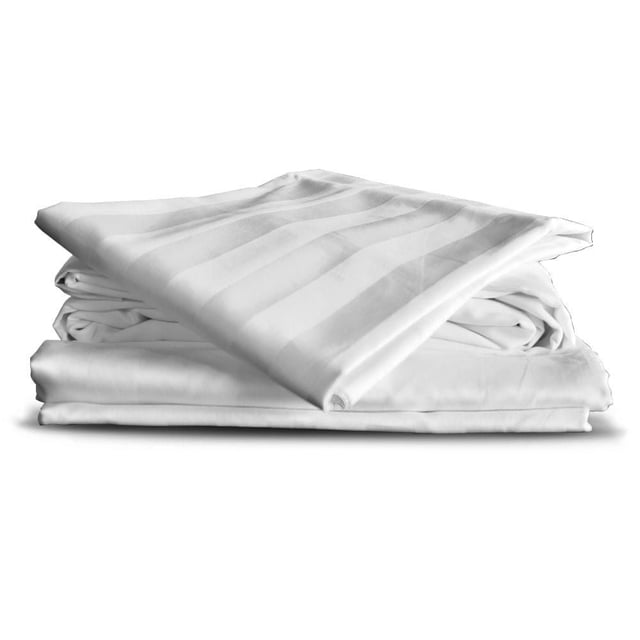 Style Hôtel Ensemble de Draps en Damas Plié, Montrant du Blanc 500 Fils au Pouce 100 % Coton avec un Motif Damassé à Rayures Subtiles, Incluant des Draps Plats et Ajustés et Deux Taies d'Oreiller, Idéal pour un Sommeil Confortable et Réparateur et un Entretien Facile à la machine.