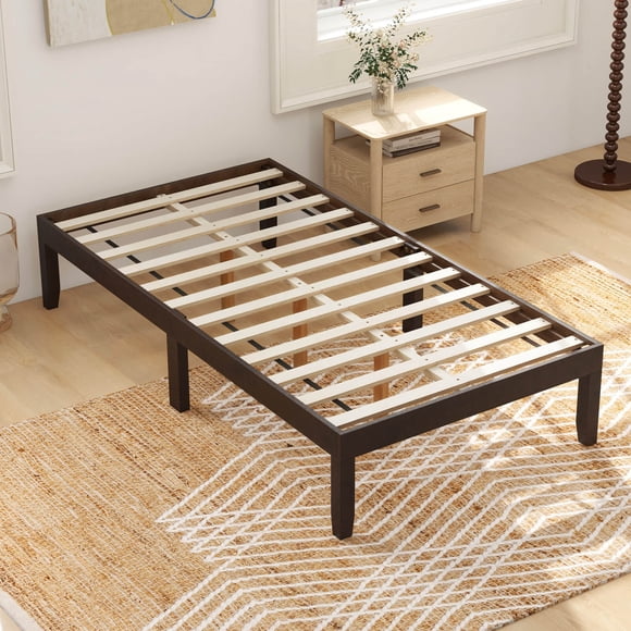 Costway Twin Size Wooden Platform Bed Frame 14" with Rubber Wood Legs Under-bed Storage Brown