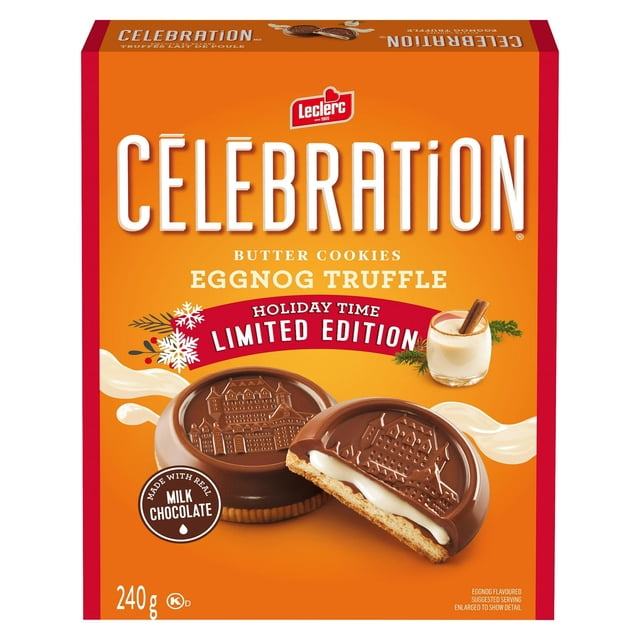 Celebration Eggnog Truffle Milk Chocolate Cookies 240g box featuring butter cookies coated in milk chocolate embossed with a festive building, filled with creamy eggnog truffle, limited edition holiday packaging with cinnamon and snowflake details, suitable for seasonal gifting.