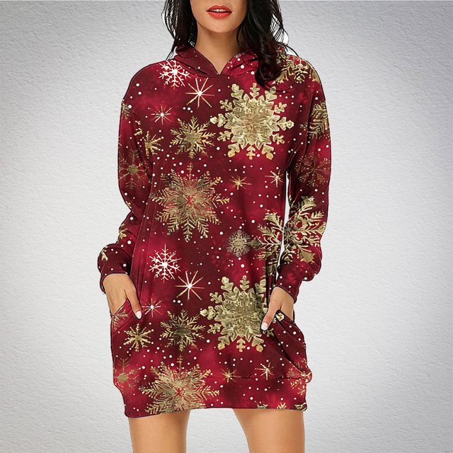TIMIFIS Robe Chandail à Capuche pour Femmes Imprimé de Noël Manches Longues Ample avec Poches