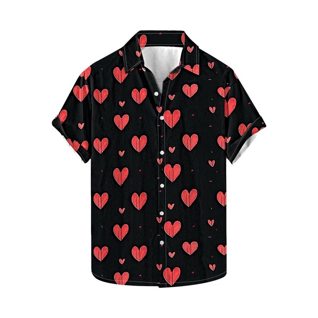 Weiqiqre t Shirts for Man Funny Love Pattern Printed Short Sleeve Quick Dry Button Down Lapel Shirt