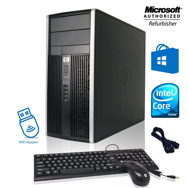 HP Compaq 8300 Tower Computer PC with a 3.20 GHz Intel i5 Quad Core processor, 16GB DDR3 RAM, and 512GB SSD hard drive. Refurbished desktop PC tower running Windows 10 Professional 64-bit, shown with included keyboard, mouse, and power cables. Features Microsoft Authorized Refurbisher and Intel Core branding.