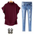 thumbnail image 2 of MesaSe Aviva Femme Col Roulé Manches Courtes Coton Uni Blouse Décontractée Haut T-Shirt Plus Kh/L, 2 of 3