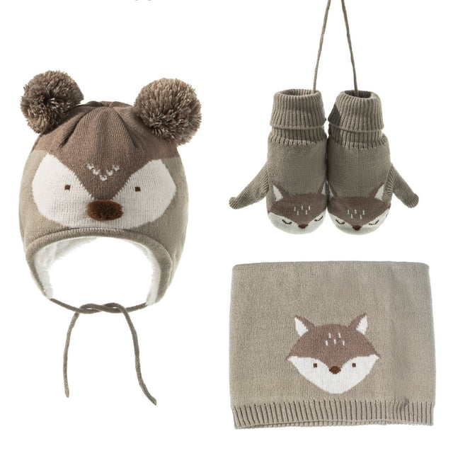 1 Set Children Hat Breathable Windproof Acrylic Fiber Cartoon Printed Baby Scarf Mitten Cap Kit for Outdoor