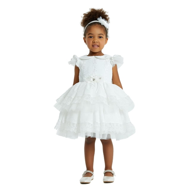 Pamina Baby Girl White Lace Tulle Flower Girl Dress Formal Party Dress for Infants and Toddlers 6-18 Months