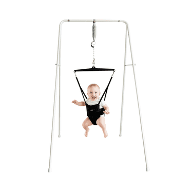 Jolly Jumper Classic with Portable Stand – Black Saddle | Made in Canada with Domestic and Imported Parts | Indoor & Outdoor Baby Exerciser | Foldable Frame, Spring Action, Posture Support