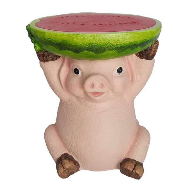 Angelo Décor Pig Stool / Plant Stand shaped like a pink pig holding a round watermelon slice top, with textured surface and brown hooves, ideal as a whimsical garden stool or side table for indoor and outdoor use.