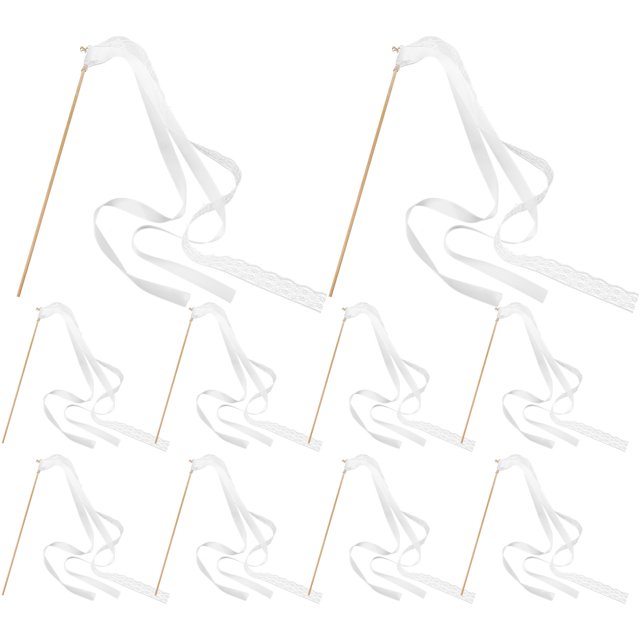CIMAXIC 10pcs White Wedding Delicate Ribbon Streamers Fairy Stick Cheer Props Party Supplies Favors With Golden Bell Random Style,11.81"X0.2"X0.2"