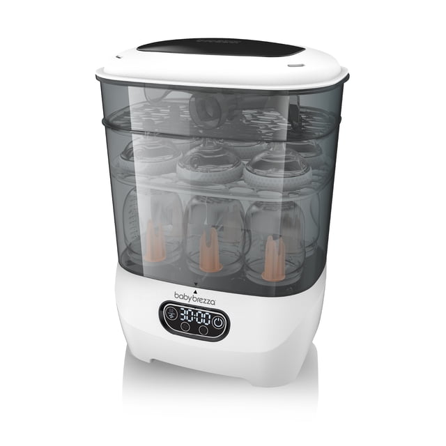 Baby Brezza Stérilisateur et Sécheur de Biberons en une Étape Avancé en Blanc avec une Chambre Transparente Gris Foncé Pouvant Contenir Huit Biberons et Accessoires pour Bébé, Doté d'Un Panneau de Commande Numérique LCD pour Fonctions de Stérilisation et de Séchage avec Filtre HEPA pour un air Sans Germes.