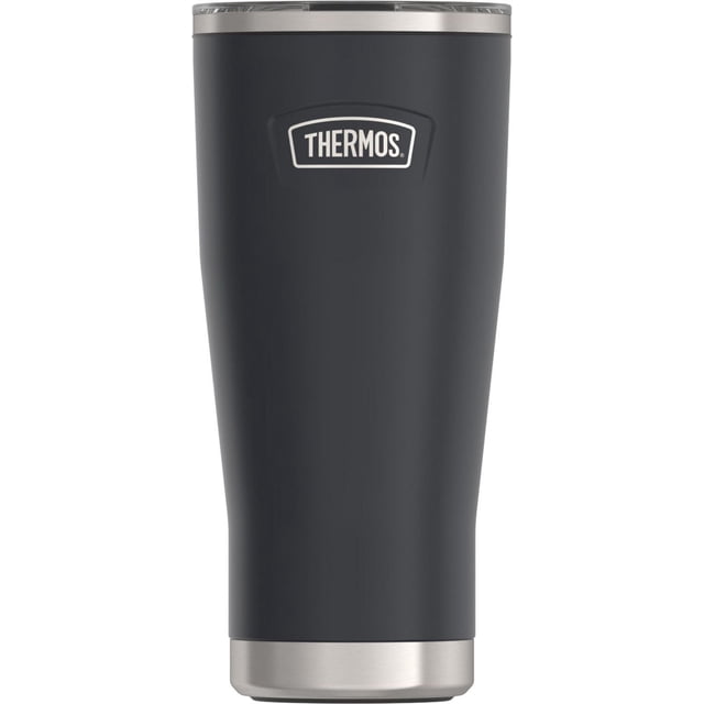 Thermos 24 Oz Icon Series Vacuum Insulated Stainless Steel Tumbler in granite colour with double-wall stainless steel construction, a clear slide lock lid with stainless steel rim, and the Thermos logo on the front, designed to keep drinks hot for up to 7 hours and cold for up to 22 hours, fitting most standard cup holders and suitable for outdoor or travel use.