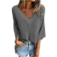 thumbnail image 2 of AherBiu 3/4 Length Sleeve Womens Tops Hollow Cable Knit Pullover Tops V Neck Loose Fall 2024 Blouses, 2 of 8