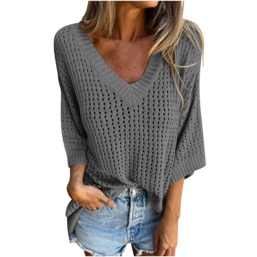 GigrtiJin Women's V Neck Knit Sweater Long Sleeve Pullover Hollowed out Top Solid Color Loose Going out Sweaters