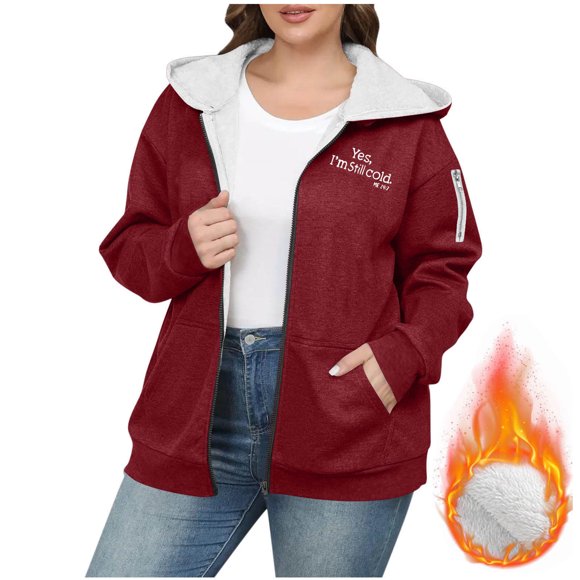 Mceream Fleece Jackets for Women Zip up Sherpa Lined Hoodie Graphic Casual Long Sleeve Hooded Sweatshirt Warm Thick Winter Coats Plus Size Outwear Chamarras Para Mujer Para El Frio Red XXL