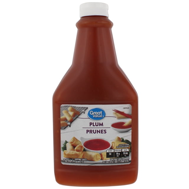 Great Value Plum Sauce in a 750 mL brown squeeze bottle with a white cap, labeled with images of spring rolls and a bowl of red dipping sauce, ideal for dipping, stir-fry, and as a marinade in cooking.