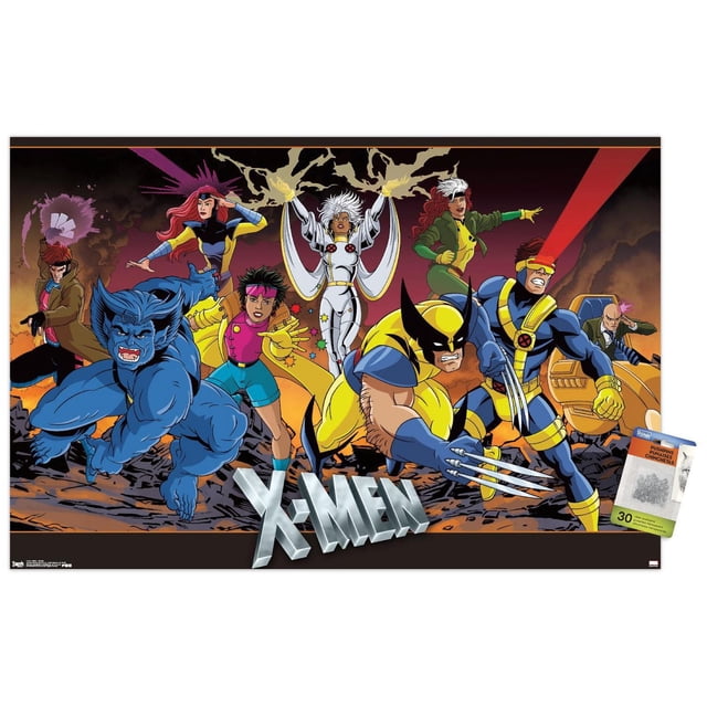 Marvel Comics - The X-Men - Affiche Murale de Groupe, 22,375 Pouces x 34 Pouces Mettant en Vedette Huit Personnages X-Men en poses d'Action Dynamiques sur un Fond Ardent. Wolverine en Jaune et Bleu avec Griffes et Pistes Allongées, Cyclope Tire une Optique Rouge, Bête Se Culbute Bas, Tempête en Blanc Sommations Éclairs, Rogue en Vert et Jaune, Jean Gris en Jaune et Bleu, Jubilé en Rose et Bleu, et Gambit Tient une Carte Lumineuse.