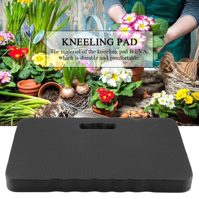 Kneeling Pad, Kneeling Cushion made of durable EVA material, shown in black with a textured surface and a built-in handle for portability. The pad measures 45x28x4cm (17.72x11.02x1.57in) and is waterproof, making it suitable for gardening, exercising, or working. Displayed in a gardening setting with colorful flowers and tools.