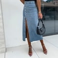 thumbnail image 2 of Aocisk Womens Stretch Denim Midi Skirt High Waist Casual Slit Design Front Button Up With Functional Pockets Light Blue XL, 2 of 9