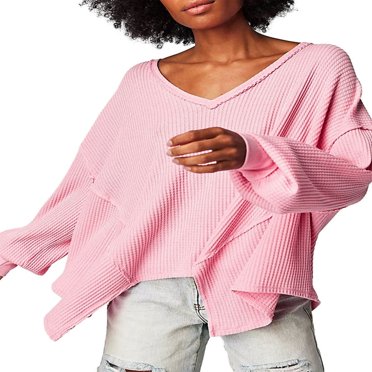 T-Shirts à Manches Longues pour Femmes Couleur Unie Épaules Tombées Col en V Chemises Gaufrées Printemps Automne Coupe Ample Streetwear