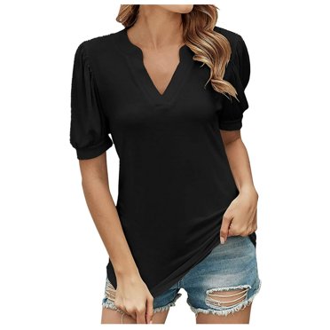 AMERTEER T-Shirt Décontracté Mode Femme Col en V Couleur Unie Manches Courtes Ample