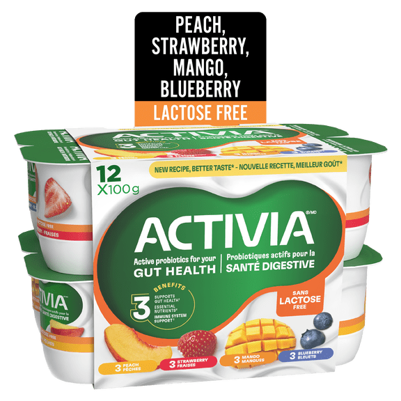 Activia Probiotic Yogurt, Lactose Free, Strawberry/Blueberry/Peach/Mango, 12x100g