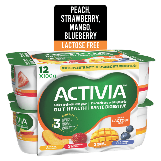 Activia Probiotic Yogurt, Lactose Free, Strawberry/Blueberry/Peach/Mango, 12x100g