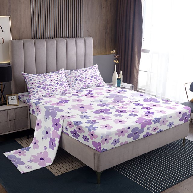 Erosebridal Chic Purple Floral Flower Sheet Set Twin, Spring Blossoms Bedding Sets Twin Size, Microfiber 3pcs