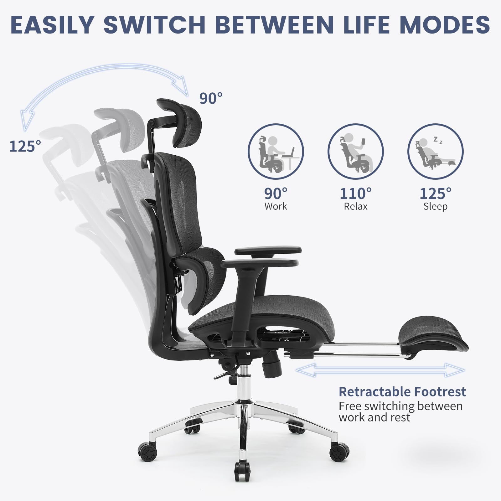 EDTara Ergonomic Mesh Office Chair with Adjustable 3D Armrests, High Back Desk Computer Chair with Retractable Footrest Wheels – Comfortable Swivel Task Chair for Office & Home(Black)