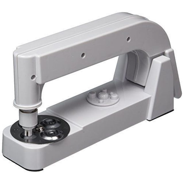 As Seen on TV Bedazzler Rhinestone and Stud Setting Machine in a white finish, a craft tool designed for adding rhinestones and studs to clothing and accessories. The compact machine features a simple snap, push, and pop mechanism for easy use. Includes 150 rhinestones and studs in assorted colors, suitable for ages 9 and up.