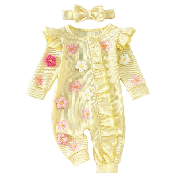 dmqupv Baby Girl Romper Dress Baby Girl Fall Winter Outfits Clothes Knit Jumpsuit Ruffle Romper Outfit For Baby Girl Yellow,Size for 0-3 Months