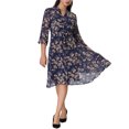 thumbnail image 1 of INSPIRE CHIC Robe-Chemise Élégante à Fleurs pour Femme Col en V Manches 3/4 Nouée à L'Avant Robe Fluide en Mousseline L Bleu Foncé, 1 of 6