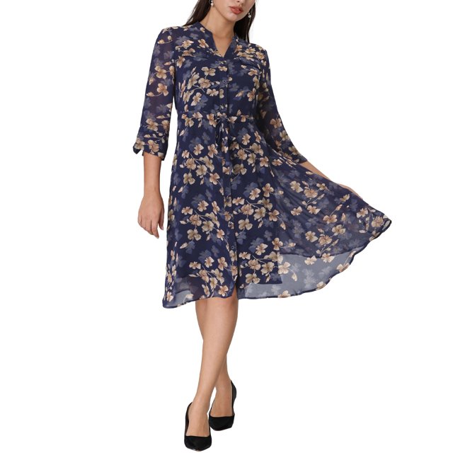 INSPIRE CHIC Robe-Chemise Élégante à Fleurs pour Femme Col en V Manches 3/4 Nouée à L'Avant Robe Fluide en Mousseline L Bleu Foncé