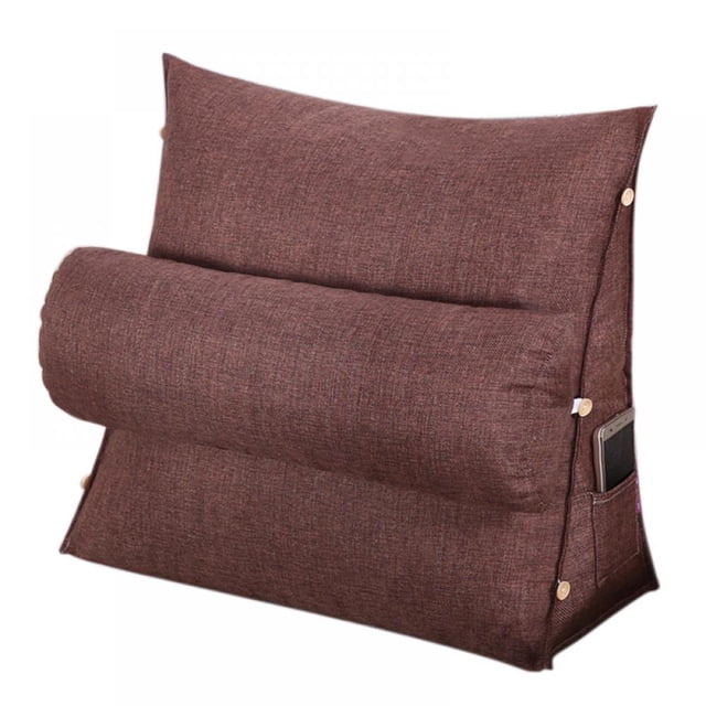 Grand Coussin Cale Dorsal Ajustable en Tissu imitation Lin Brun, au design Triangulaire avec Appui-Tête et Soutien Lombaire Ajustables. Comprend une Poche Latérale pour Ranger de Petits Articles comme un Téléphone Ou une Télécommande. Idéal comme Oreiller de Lecture Ou Coussin de Soutien pour le Cou pour Utilisation sur Canapés, Lits Ou Chaises de Bureau.