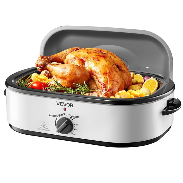 VEVOR Rôtissoire Électrique 18 Qt avec Couvercle Auto-Arroseur, Comprenant une Dinde Cuite Entourée de Légumes à l'Intérieur du Poêle en Émail Antiadhésif. Comprend une Puissance de 1450 W, un Bouton de Température Réglable, des Fonctions de Décongélation et de Réchauffement, et des Poignées au Toucher Froid pour une Utilisation Sécuritaire. Idéal pour les Repas des Fêtes et les Réunions de Famille.