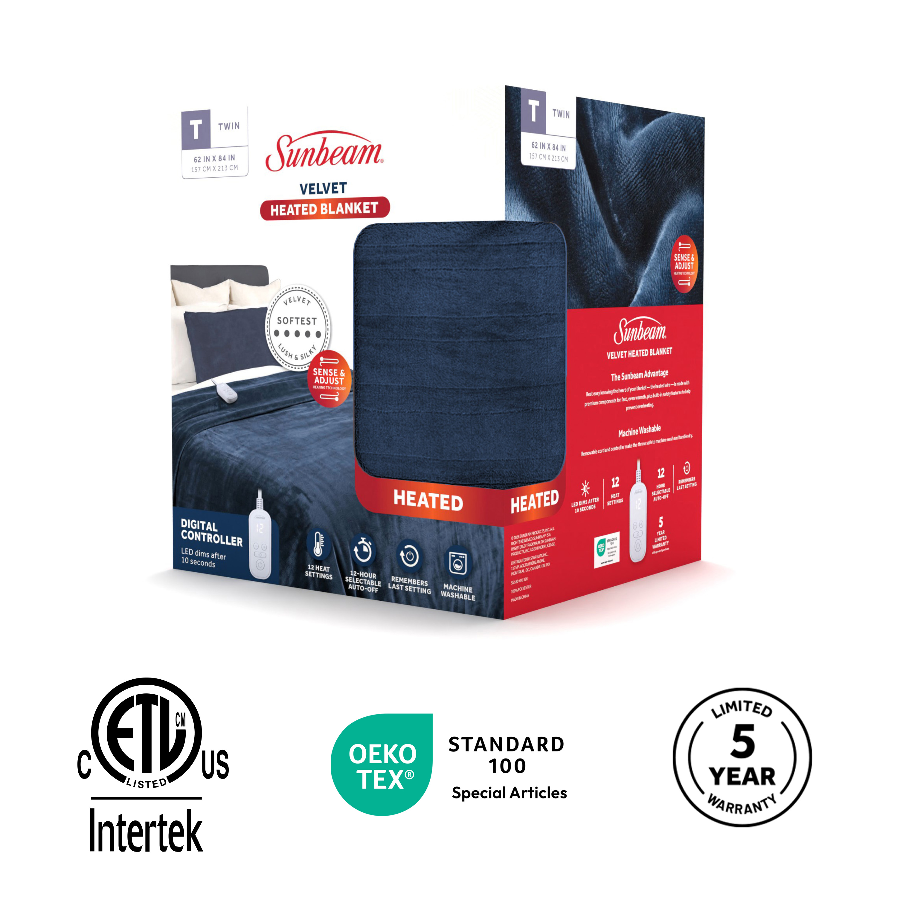 Sunbeam Heated Big Blue Blanket Velvet 12 Heat Settings Full/Queen 90x84
