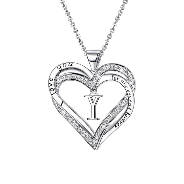 Ladies Double Heart Diamond Necklace With 26 English Letters Couple Necklace