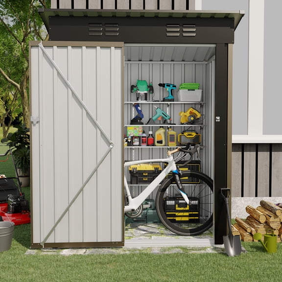 Rangement Extérieur en Métal 5 X 3 Pi Rangement Extérieur – Porte Verrouillable – Toit en Pente – Armoire Utilitaire Compacte en Acier Galvanisé Résistant aux Intempéries pour Jardin, Patio, Pelouse – Ventilée – Brun, 5 X 3 Pi