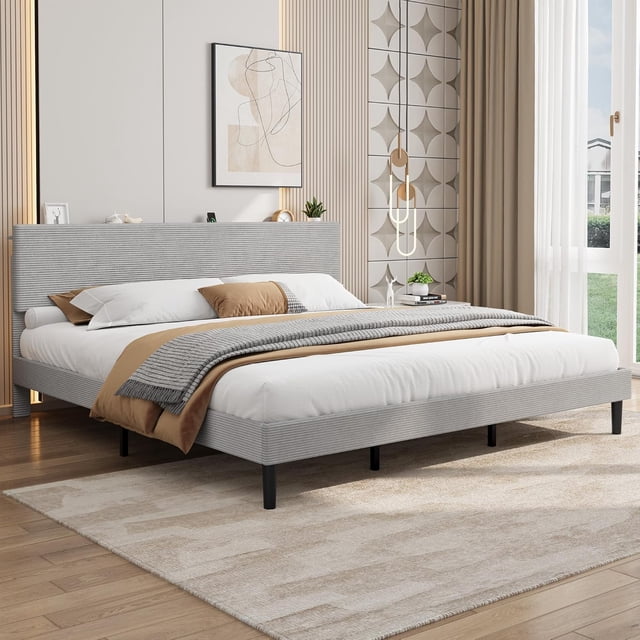 King Bed Frame with Charging Station, Corduroy Upholstered Platform Bed Frame with Headboard and Storage Shelf, Solid Wood Slats, No Box Spring Needed, Noise Free, Easy Assembly, Gray
