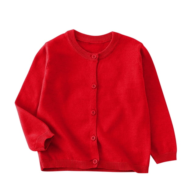 SROBPTY Girls Fall Cardigans, Children's Solid Color Long Sleeve Fleece Knitted Cardigan Round Neck Sweater Red 4-5 Years