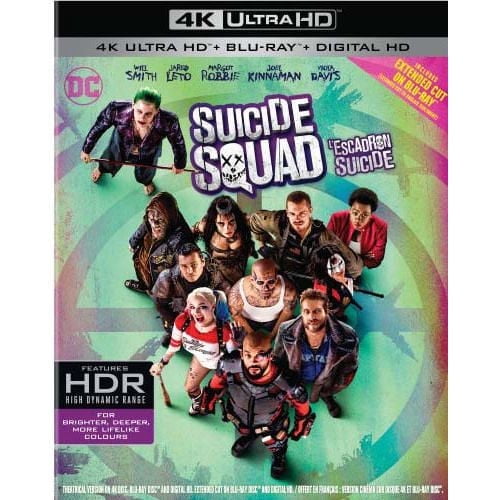 Suicide Squad (4K Ultra HD + Blu-ray + Digital HD) movie cover featuring nine costumed characters arranged in a circular formation against a vibrant, abstract background with the title and details about the extended cut and HDR for enhanced viewing.