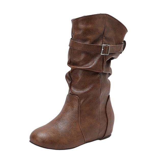 Xfvqtps Bottes Hautes Plissées pour Femmes avec Talon Compensé Caché, Bride à Boucle, Bout Rond, Bottes en Similicuir pour l'Hiver, Brun