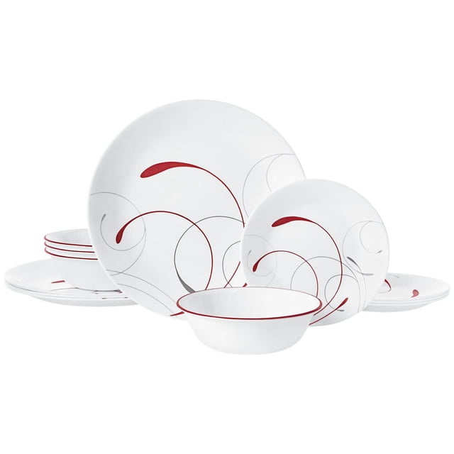 Corelle Splendor 12-Piece Glass Dinnerware Set with 10.25-inch dinner plates, 6.75-inch appetizer plates, and 18 oz bowls in white Vitrelle glass featuring red and gray swirling plume patterns, triple-layer strong for chip resistance, dishwasher, microwave, and oven safe, lightweight and stackable for easy storage, also suitable for serving snacks or desserts.