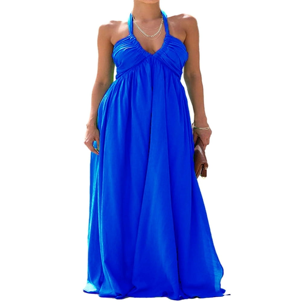 Summer Olouring In Ladies‘ Tie-Up Halter Neck Dress in Solid Color for Summer Casual Wear ...