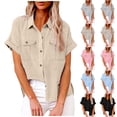 thumbnail image 2 of fheaev Button Up Shirts For Women Roll Up Short Sleeve Button Down Cotton Linen T-Shirts With Pocket V-Neck Work Tunics Blouse Collared Tops, 2 of 9