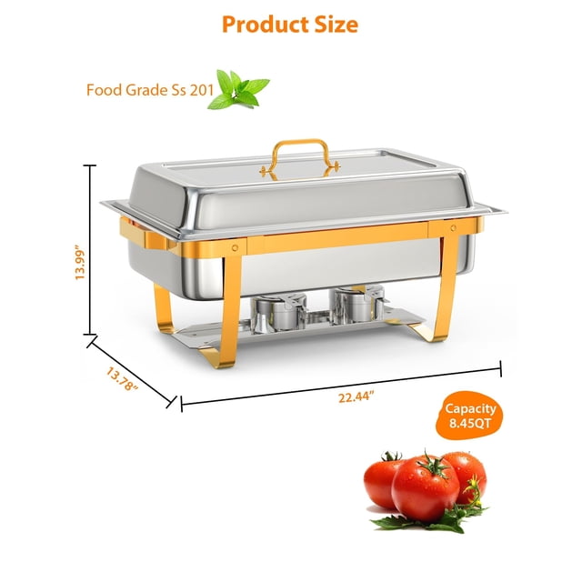 GloryStar Rectangle Stainless Steel Chafers and Buffet Warmers Sets, Catering Food Warmers with Lid Complete Set for Parties, Banquets, and Weddings (Gold)