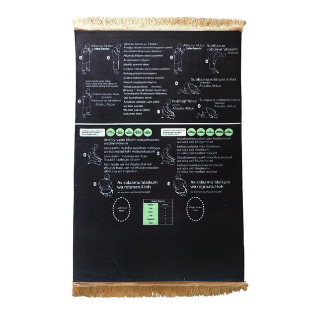Black Multi Functional Prayer Rug For Daily Home Travel Use With English Reading Arabic Recitation Guidance 19.68X27.56In
