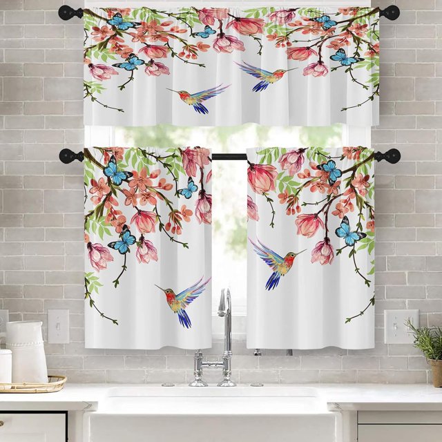 Flower and Bird Kitchen Curtains Spring Butterfly Window Curtains and Valances Set 36 Inch, Watercolor Pink Botanical Short Tier Curtain for Kitchen, Floral Small Kitchen Decor