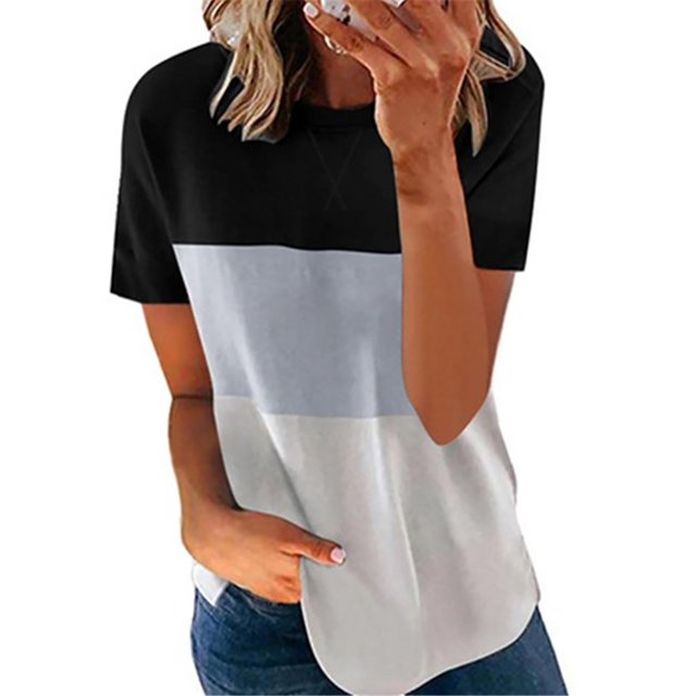 Femmes T-shirt Couleur Bloc Blouse Manches Courtes Femmes Bloc T-shirt Haut Col Rond Blouse, Noir Coloré, M