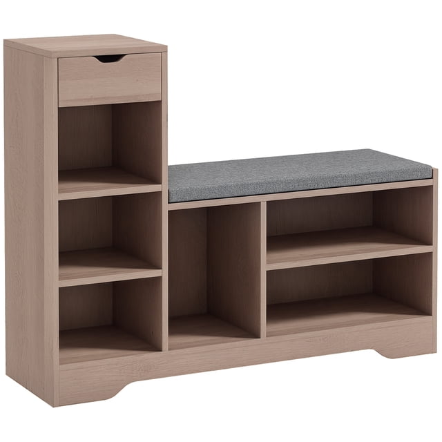 HOMCOM Upholstered Entryway Shoe Bench with Storage Drawer Open Shelf in grey. Features a cushioned seat with linen-feel fabric, a small pull-out drawer for keys or accessories, and six open shelves accommodating up to 8 pairs of shoes. Constructed from particleboard with a modern design, it measures 40.2 inches wide, 11.8 inches deep, and 31.5 inches high. Suitable for use in entryways, living rooms, or bedrooms.